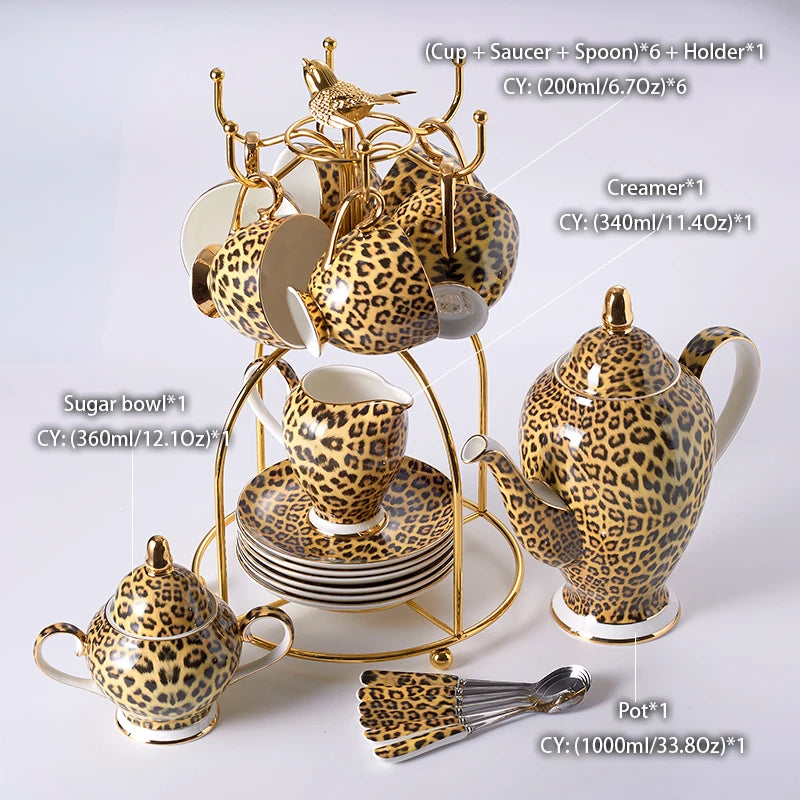 Leopard print bone china coffee set with teapot, cups, sugar bowl, and creamer, featuring luxury porcelain and ceramic drinkware.