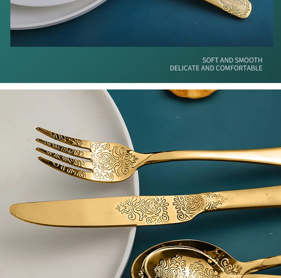 Stainless steel silverware set with gold finish, includes forks, knives, and spoons from MC THE BLACK DIAMOND flatware kit