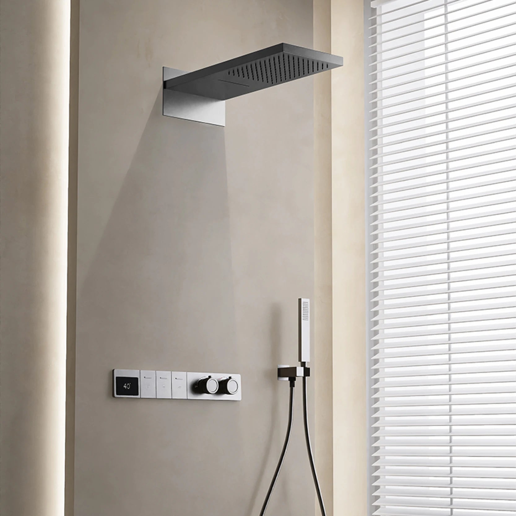 Wall-mounted MC THE BLACK DIAMOND shower system with hidden design and dual control hot and cold water faucet.