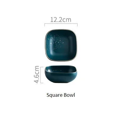 Dark green ceramic Western dinnerware set by MC THE BLACK DIAMOND, includes plates and bowls with a sleek Nordic design.