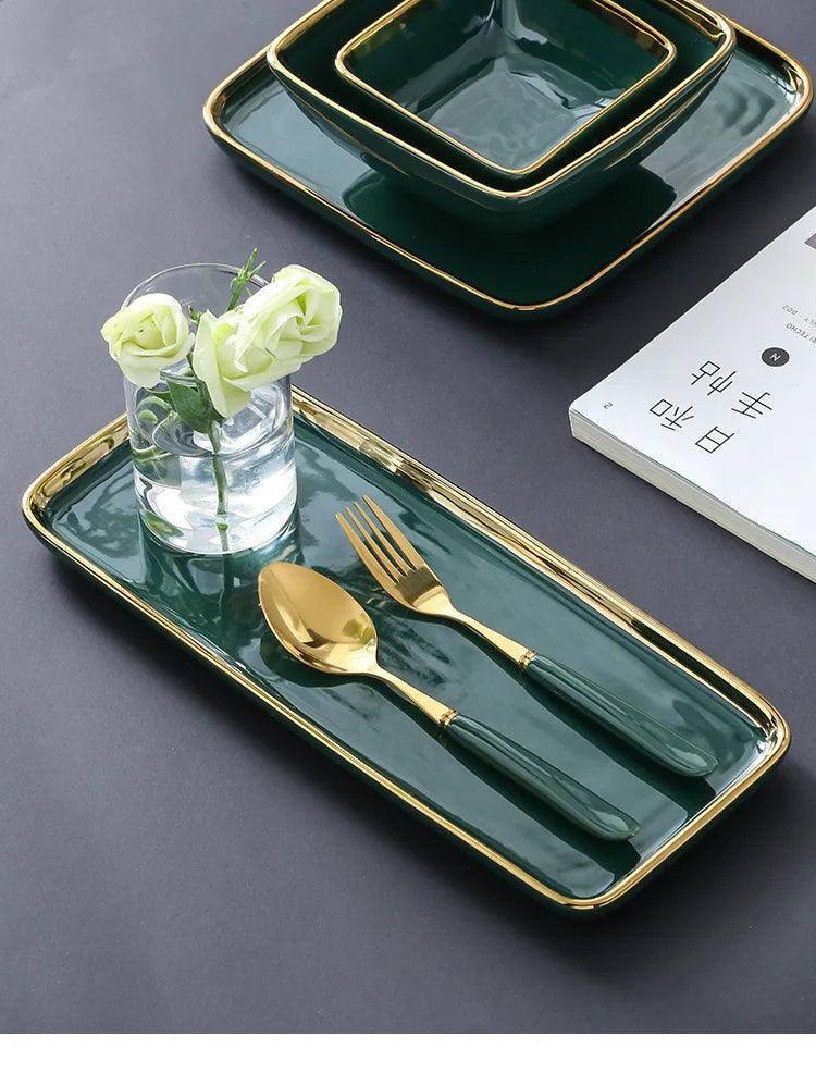 Dark green ceramic dinner plate with gold border, modern luxury porcelain tableware for steak, pasta, and dining by 𝕄𝕔 𝕋𝕙𝕖 𝔹𝕝𝕒𝕔𝕜 𝔻�