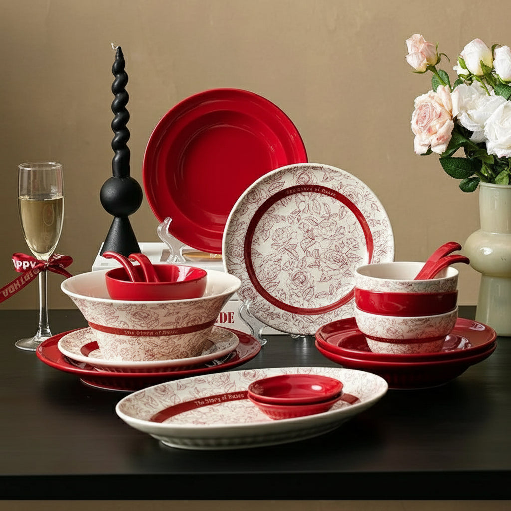 Red retro ceramic dinnerware set by MC THE BLACK DIAMOND featuring luxurious porcelain plates and bowls for elegant dining.