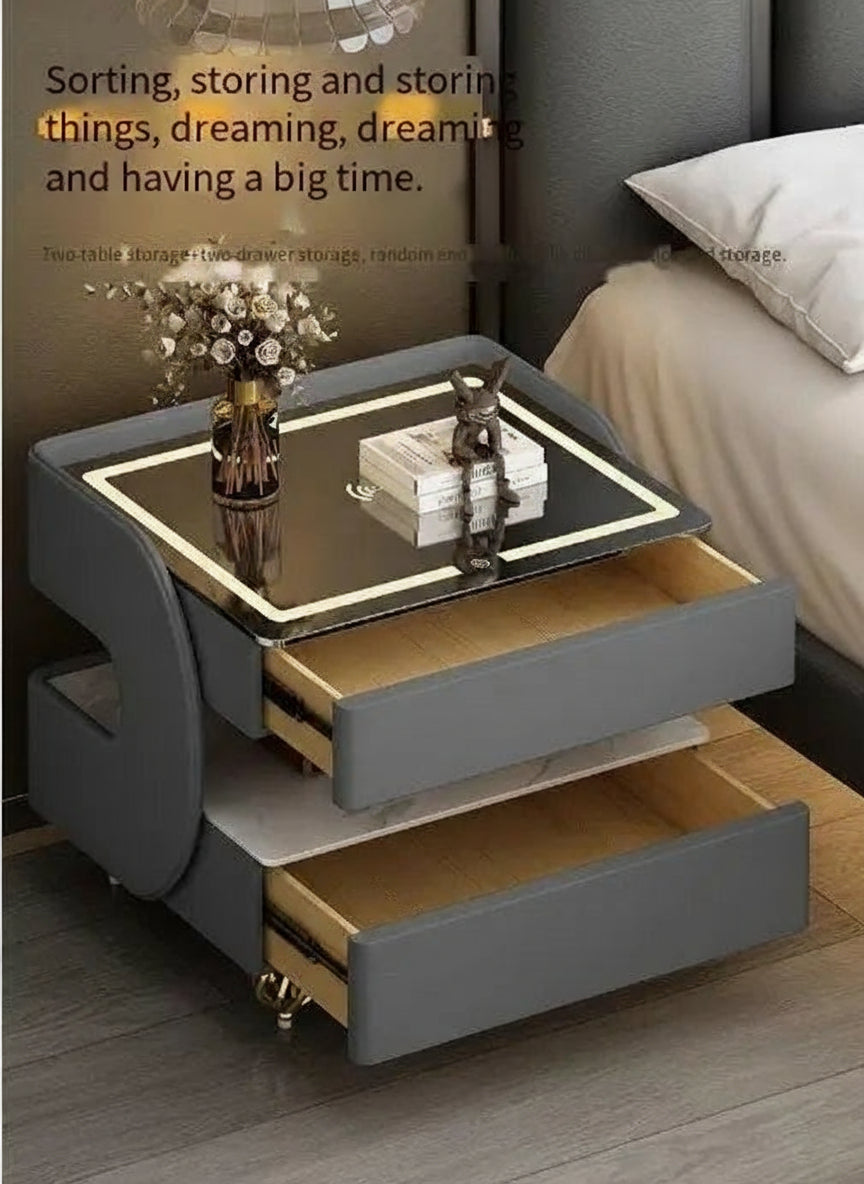 MC THE BLACK DIAMOND coded lock USB rolling bedside side table with storage and modern design, shown from a front angle.