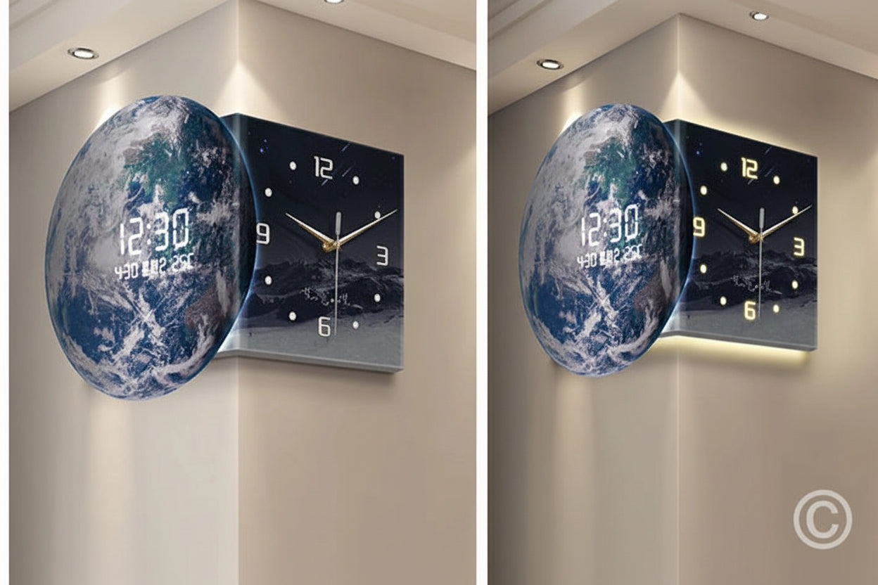 MC THE BLACK DIAMOND Earth double-sided corner LED wall clock showing time on both sides with modern design.