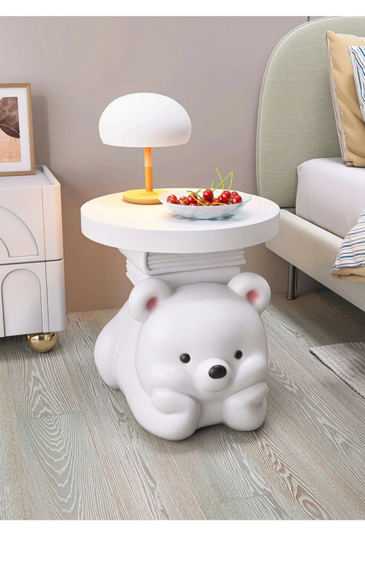 Cream bear living room end table by MC THE BLACK DIAMOND, featuring a cute bear design as a modern home accessory.