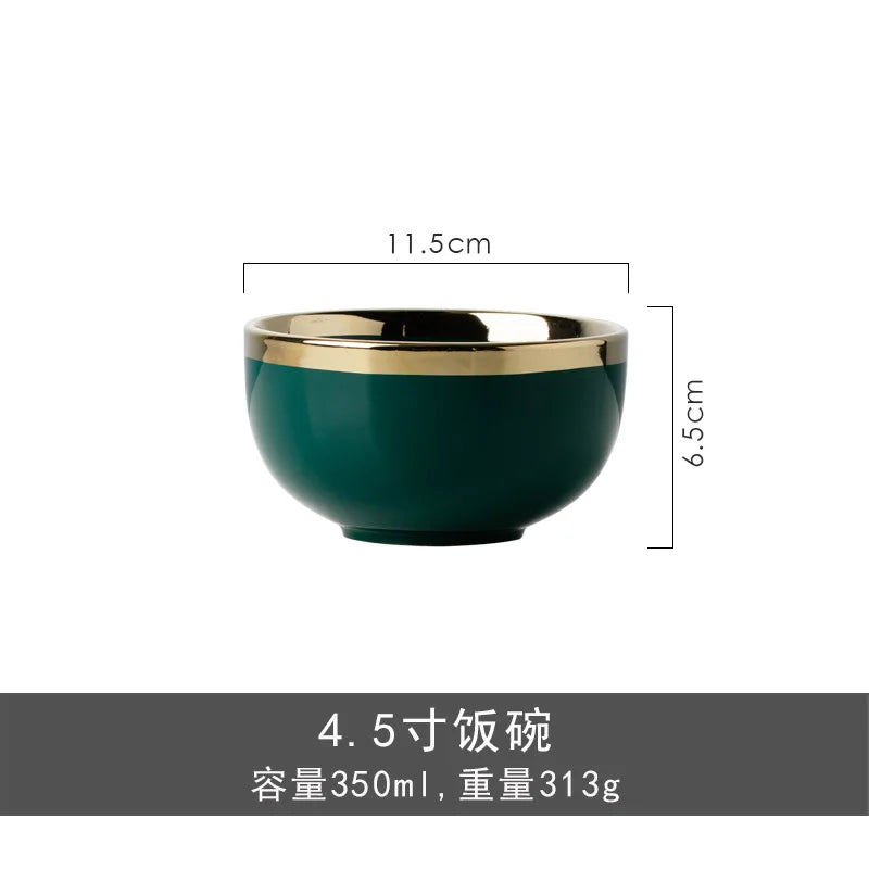 Dark green ceramic cutlery bowls set with gold-plated accents, including rice bowls and dinner plates from 𝕄𝕔 𝕋𝕙𝕖 𝔹𝕝𝕒𝕔𝕜 𝔻𝕚
