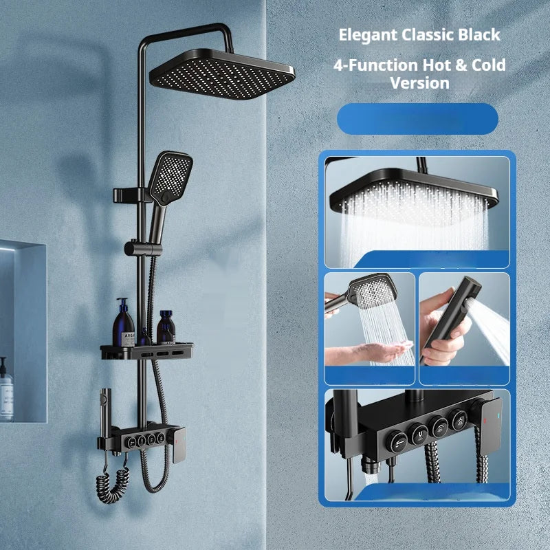 Modern MC THE BLACK DIAMOND multi-function shower system with overhead and handheld showerheads in a sleek design.