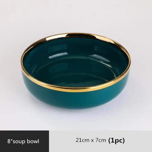 Set of green ceramic dinnerware from MC THE BLACK DIAMOND, including plates and bowls in a stylish family dinnerware set.