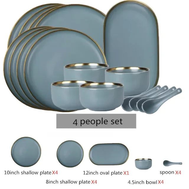 Matte ceramic dinnerware set with cereal bowls, dessert plates, and steak plates from 𝕄𝕔 𝕋𝕙𝕖 𝔹𝕝𝕒𝕔𝕜 𝔻𝕚𝕒