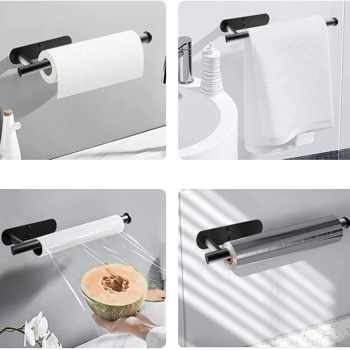 Self-adhesive paper towel holder for under cabinet installation, black metal design by MC THE BLACK DIAMOND for kitchen organization.