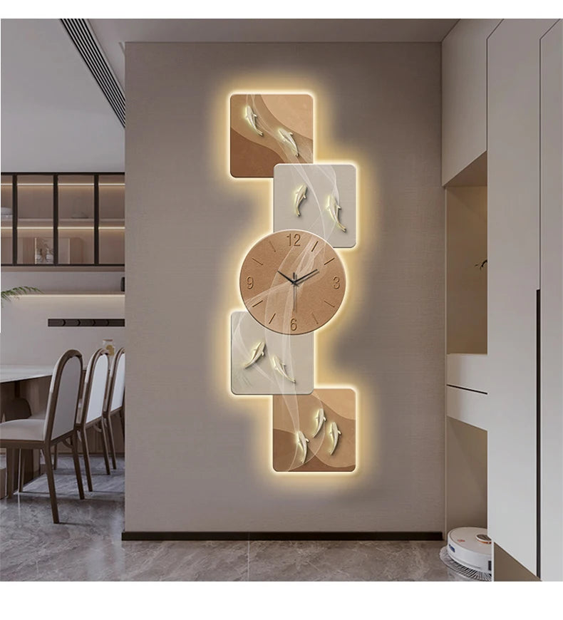 Modern wall clock featuring nine fish design with LED luminescent accents, suitable for living rooms and corridors.