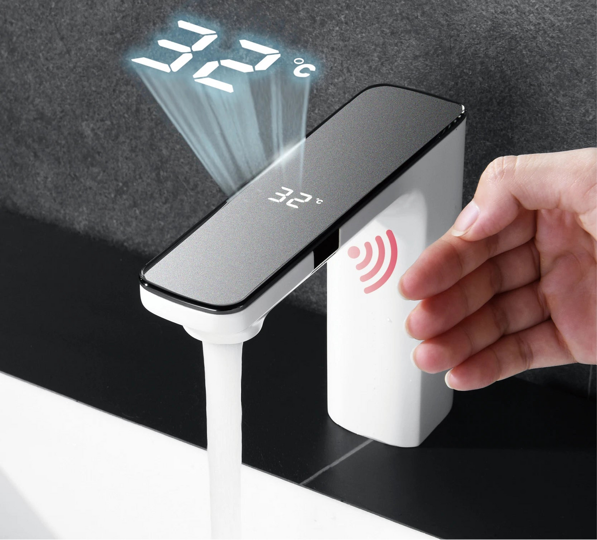 MC THE BLACK DIAMOND LED bathroom sink faucet with temperature display and single handle for hot and cold water.