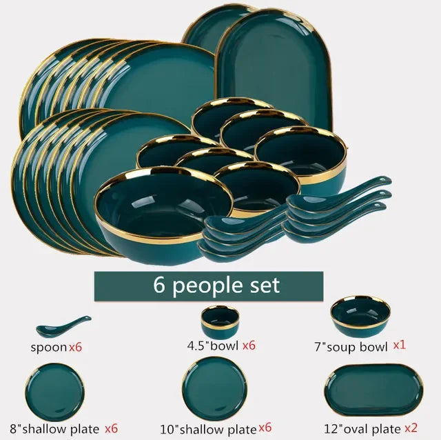 Green ceramic dinnerware set by MC THE BLACK DIAMOND, includes plates, bowls, and serving pieces in a stylish family-sized design.