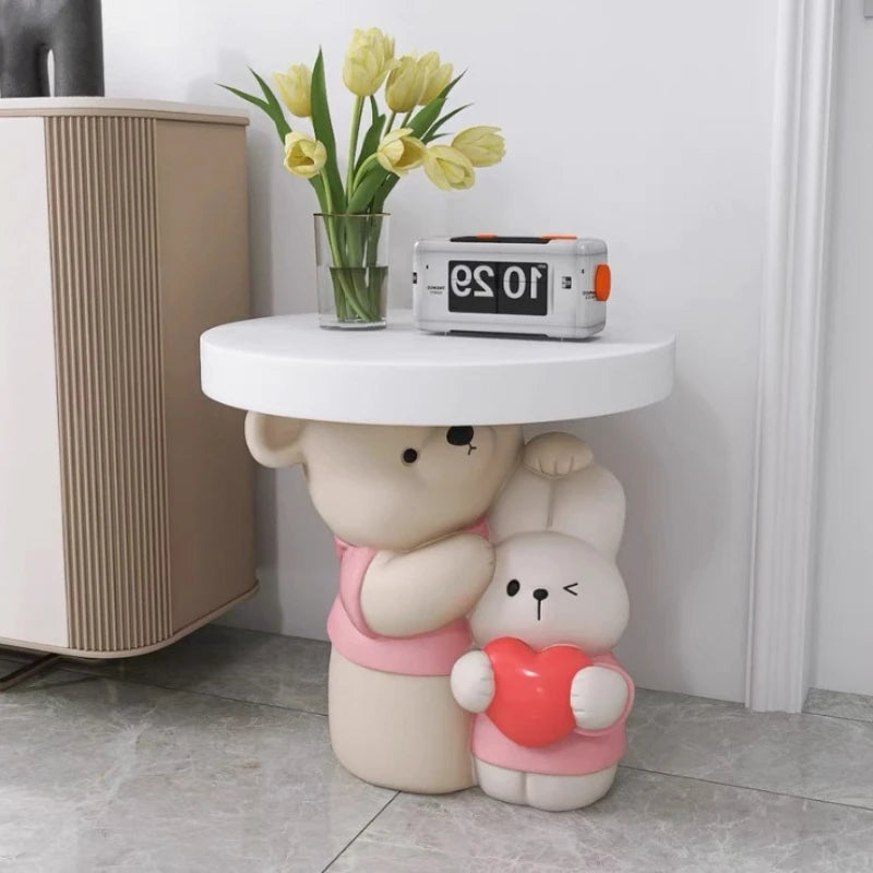 Cream-colored MC THE BLACK DIAMOND bear statue coffee table featuring a parent-child bear design, perfect for home decor.