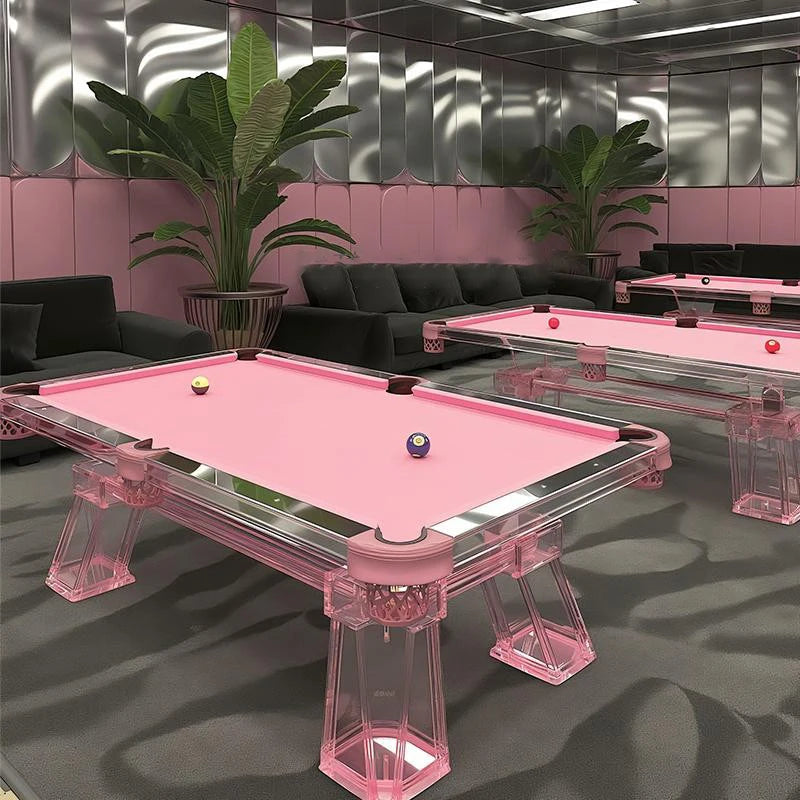 Pink acrylic billiard table by MC THE BLACK DIAMOND, luxury home entertainment billiard table with sleek modern design.