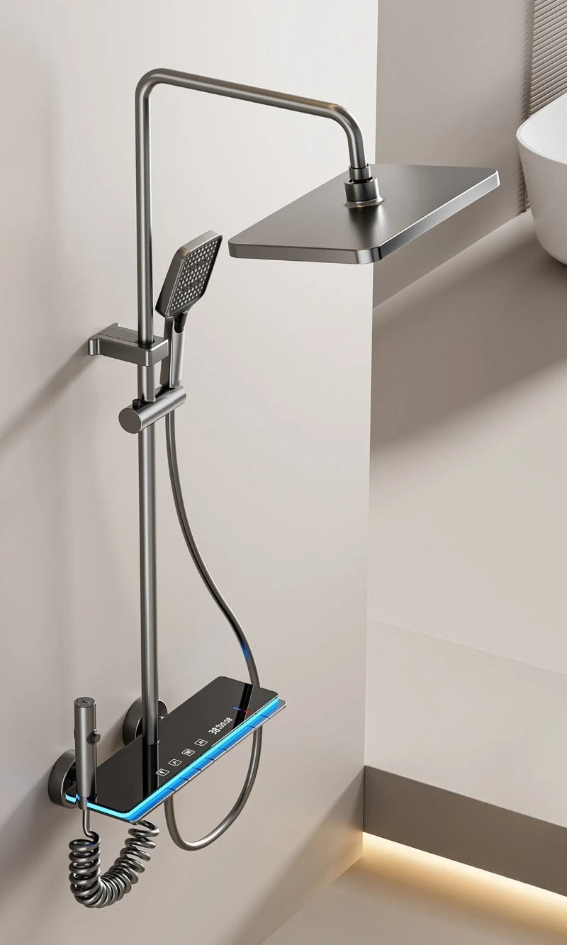 MC THE BLACK DIAMOND digital shower faucet set with temperature display and rainfall shower head in a modern bathroom shower system