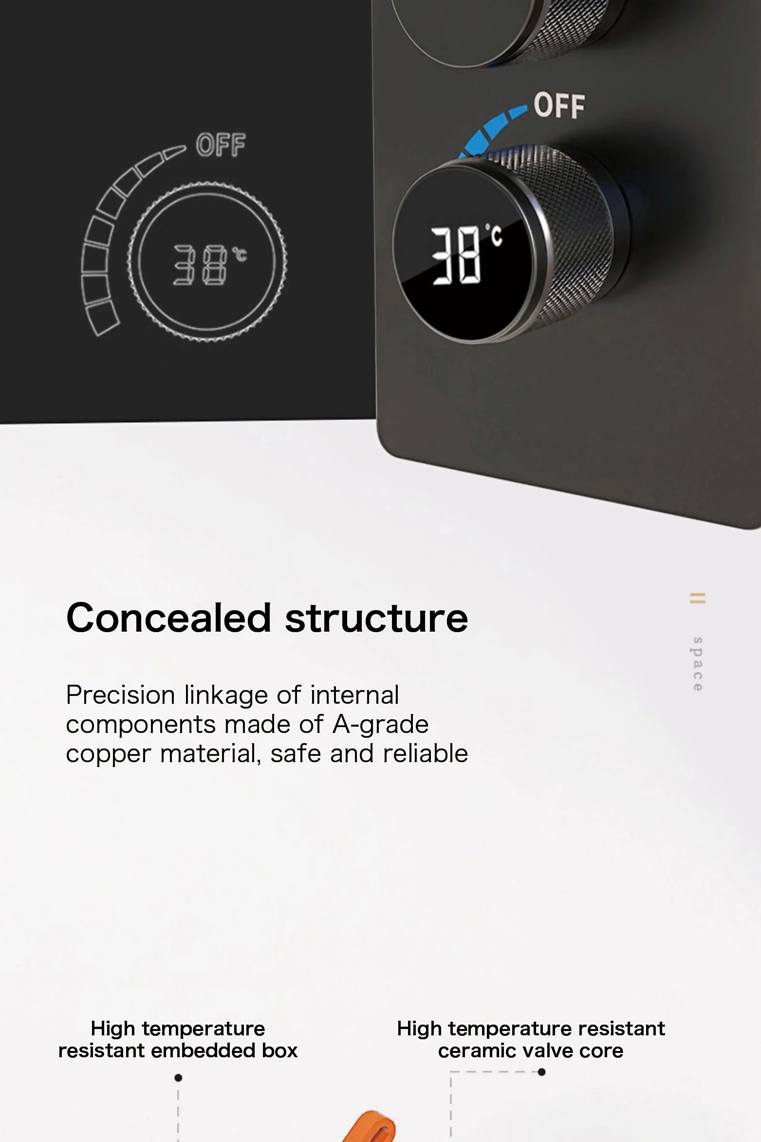 MC THE BLACK DIAMOND LED digital display shower system showing hot and cold water controls in a modern bathroom setup