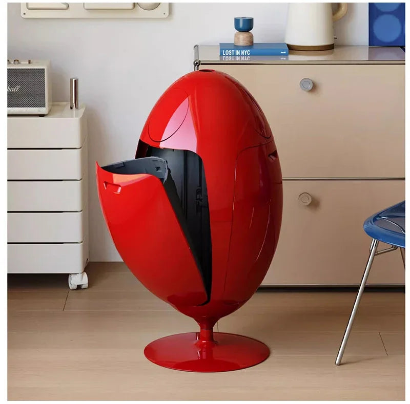Large dinosaur egg design trash can by MC THE BLACK DIAMOND, decorative garbage collector with a playful dinosaur egg shape.