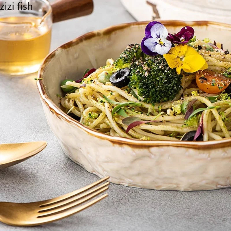 Set of ceramic deep thick dinnerware by MC THE BLACK DIAMOND, including plates and bowls with a sleek, durable design.
