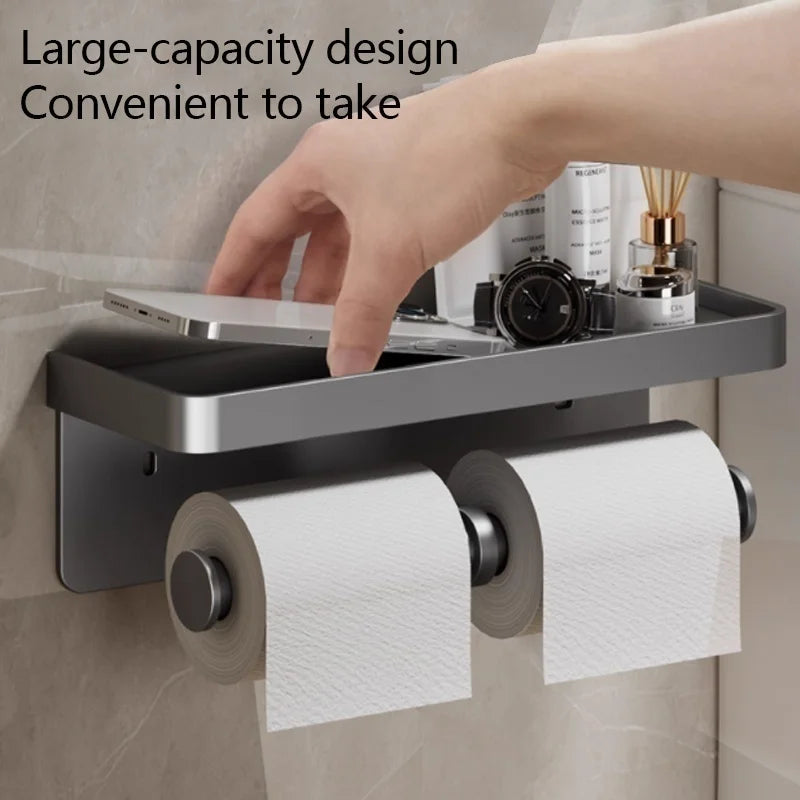 Wall-mounted MC THE BLACK DIAMOND toilet paper holder with waterproof tissue box storage rack and tube holder for bathrooms.