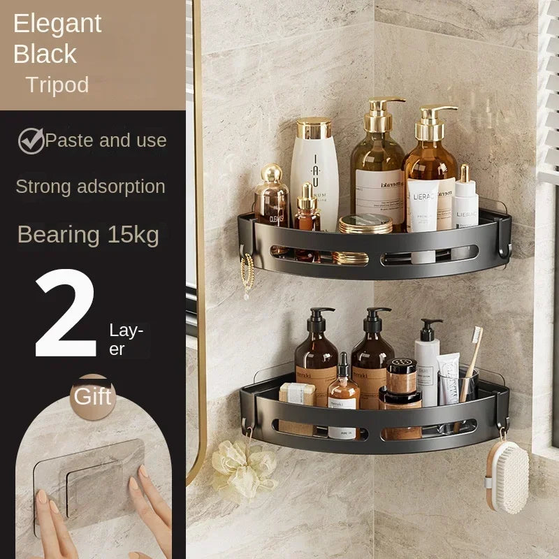 MC The Black Diamonds no-drill shower caddy and bathroom organizer with multiple shelves and hooks for bath storage.