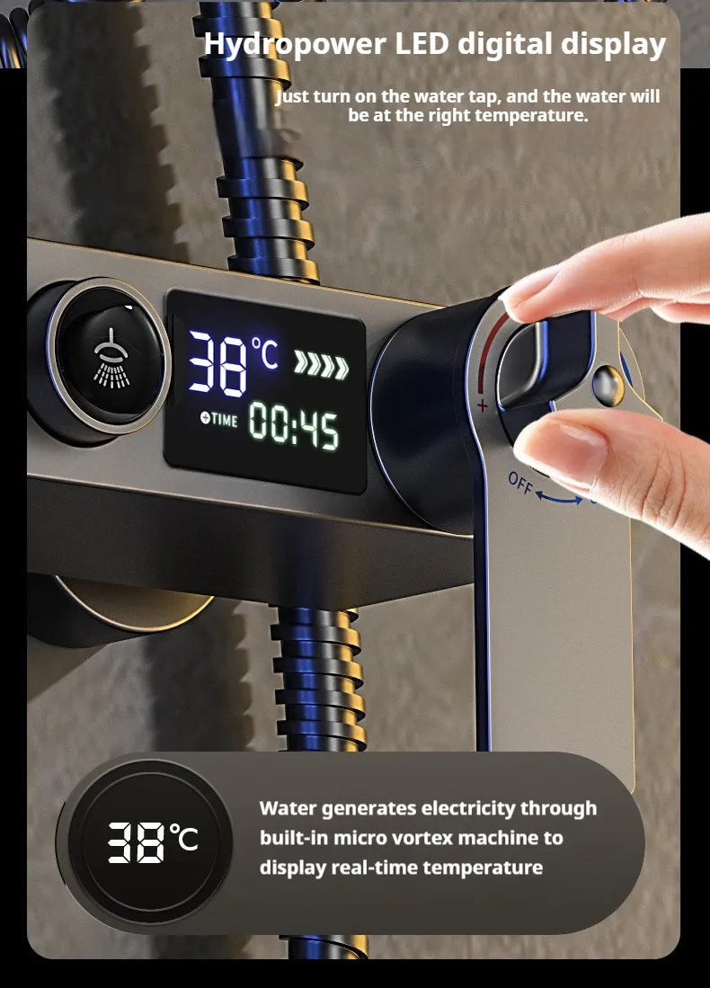 Modern MC THE BLACK DIAMOND multi-function shower system with overhead and handheld shower heads, sleek chrome finish.