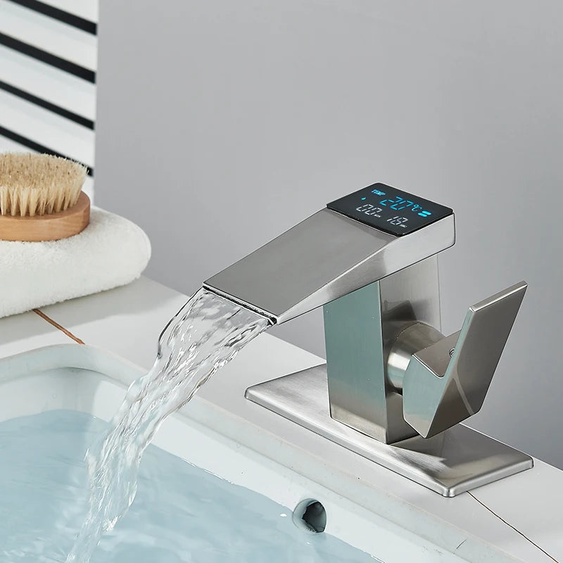 MC THE BLACK DIAMOND LED Washbasin Waterfall Tap for bathroom sink, deck-mounted mixer with modern waterfall design.
