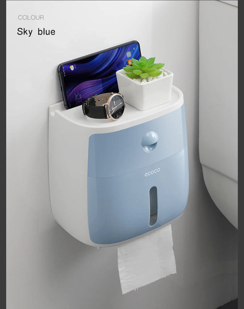 Plastic portable toilet roll paper holder with waterproof double-layer dispenser, designed for bathroom storage and accessories.
