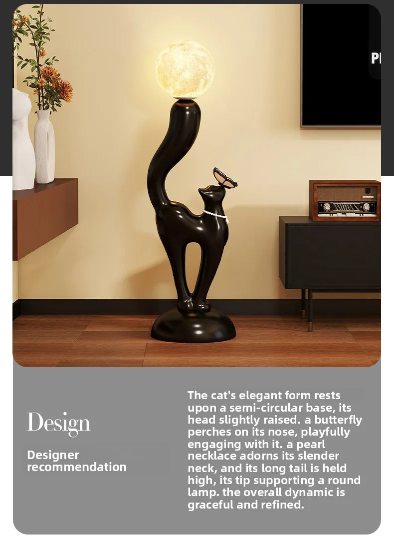 Creative cat figurine floor decoration by MC THE BLACK DIAMOND, detailed black cat sculpture for home decor accents