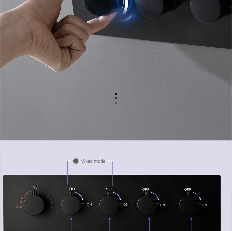 MC THE BLACK DIAMOND LED shower head set with side massage jets and constant temperature valve, modern shower system for a relaxing bath.
