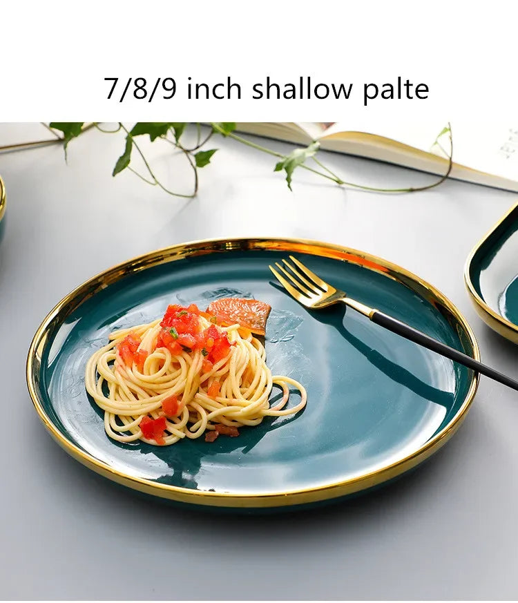 Green ceramic dinnerware set by MC THE BLACK DIAMOND, featuring stylish plates and bowls for family dining.