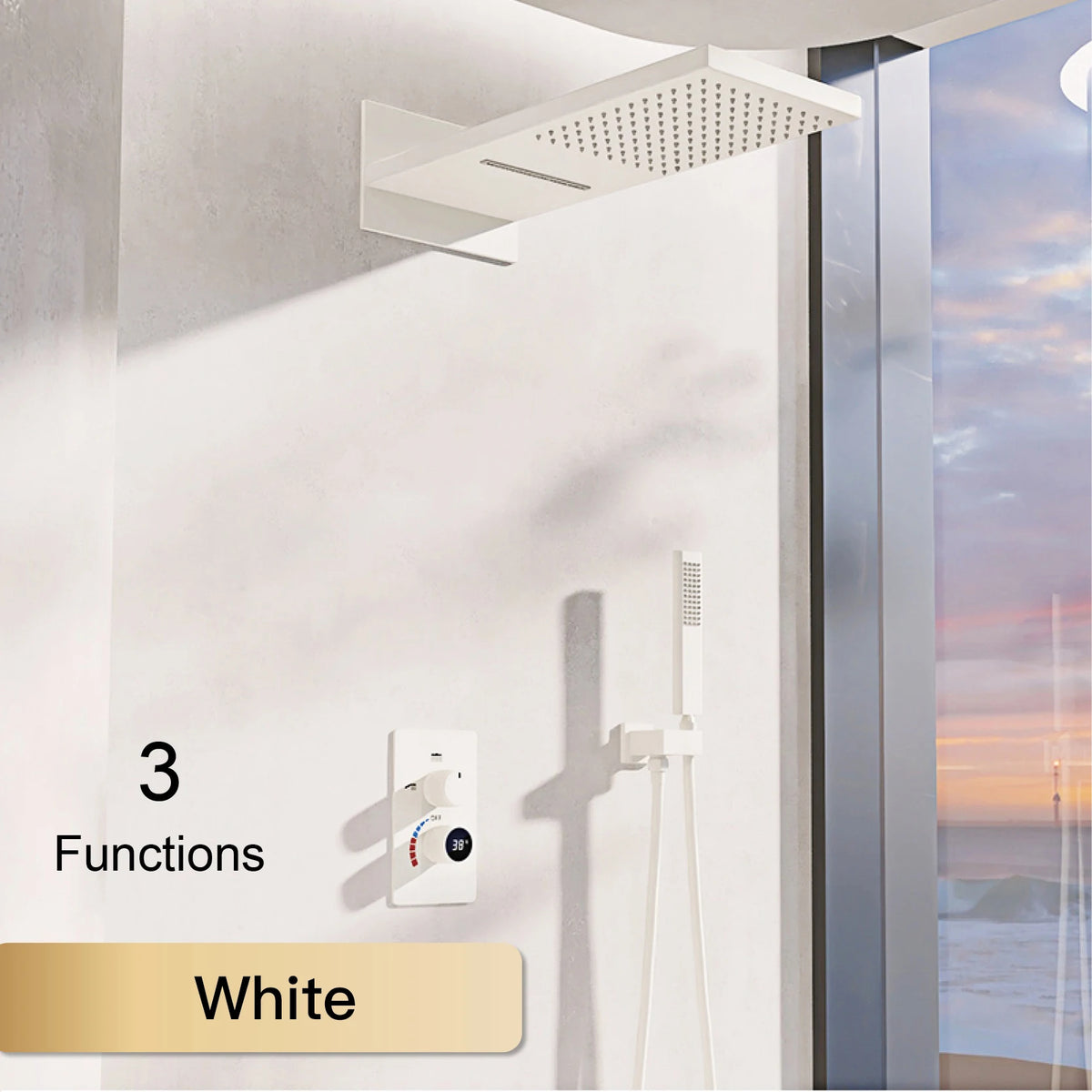 LED digital display shower system by MC THE BLACK DIAMOND with dual control for hot and cold water in a modern bathroom setting