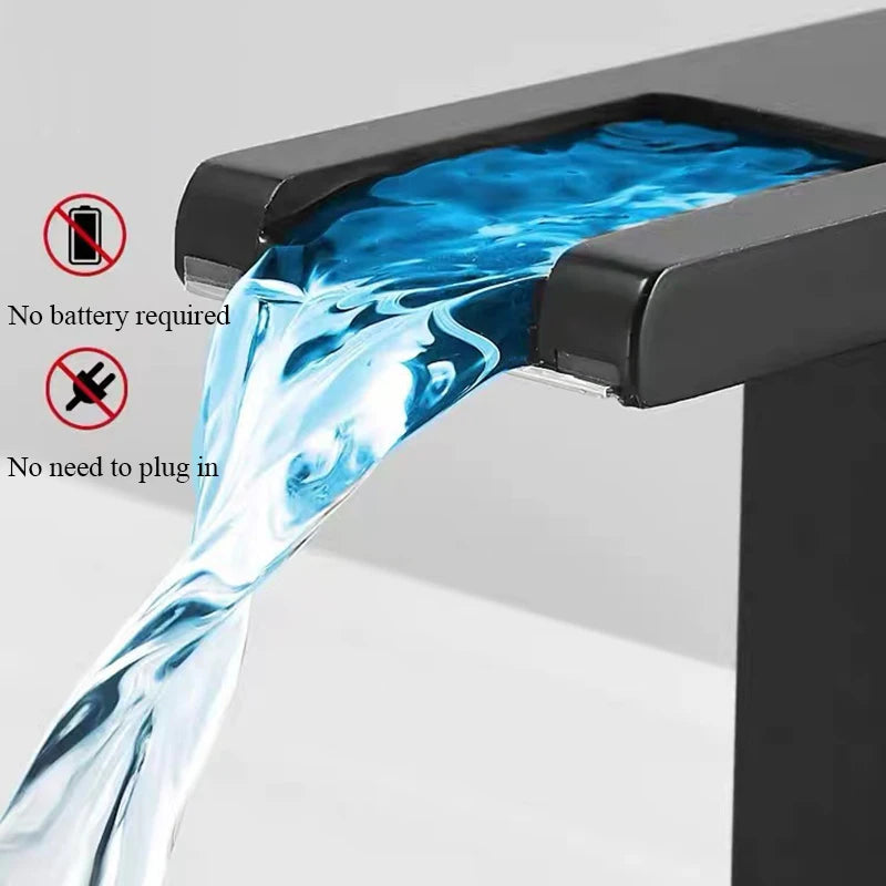 LED temperature-display bath sink faucet by MC THE BLACK DIAMOND, featuring modern design and easy-to-read temperature display.