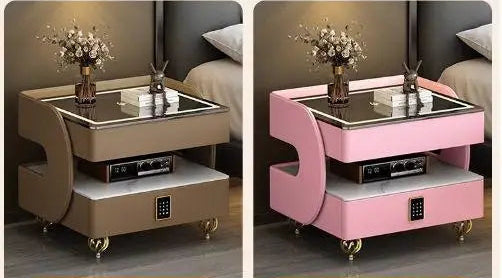 MC The Black Diamond coded lock USB rolling bedside table with side storage and charging port, modern and functional bedroom furniture.