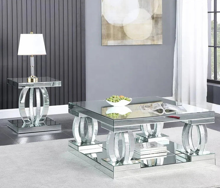 Unique crystal design coffee side mirrored center table by MC THE BLACK DIAMOND, featuring a reflective surface and modern home decor style.