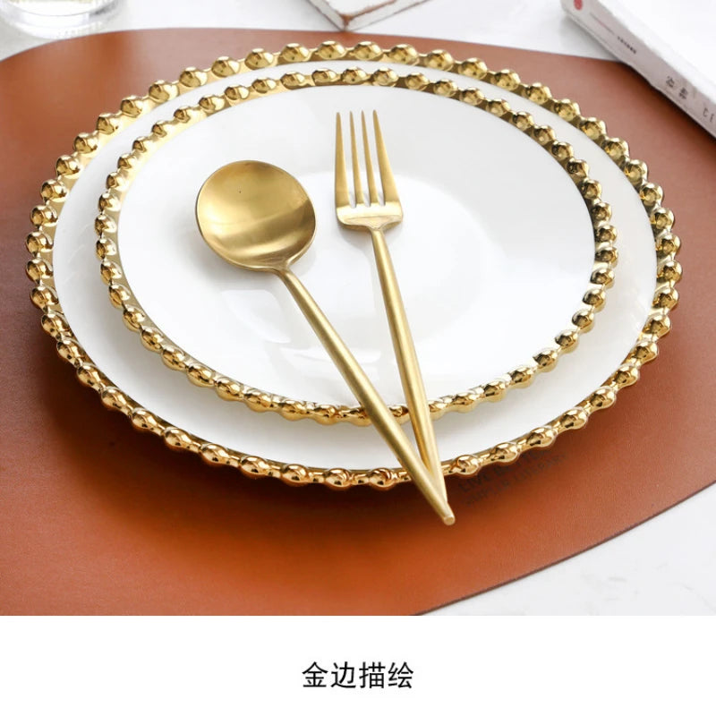 Nordic ceramic plates and bowls set with gold round dot edge, including steak plates and dessert bowls for home dining.