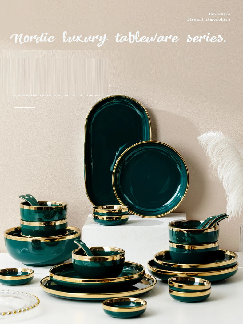 Dark green ceramic cutlery bowls set with gold-plated rims, featuring rice bowls and porcelain dishes for kitchen and dining use.