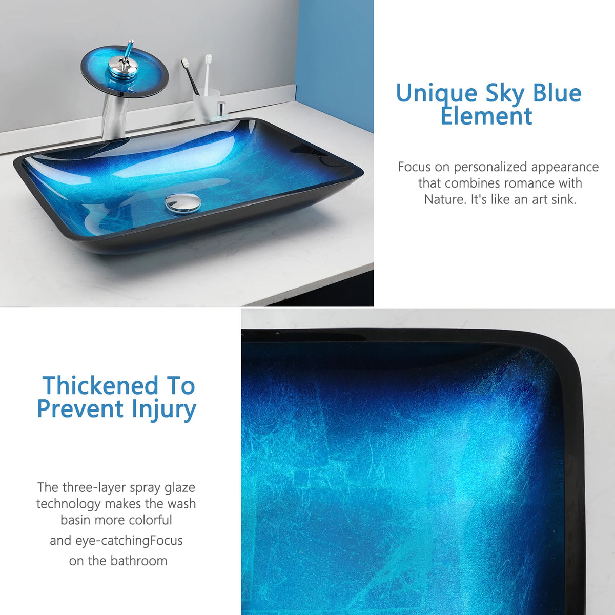 Blue glass vessel sink and waterfall faucet set by MC THE BLACK DIAMOND, modern bathroom vanity with sleek glass design