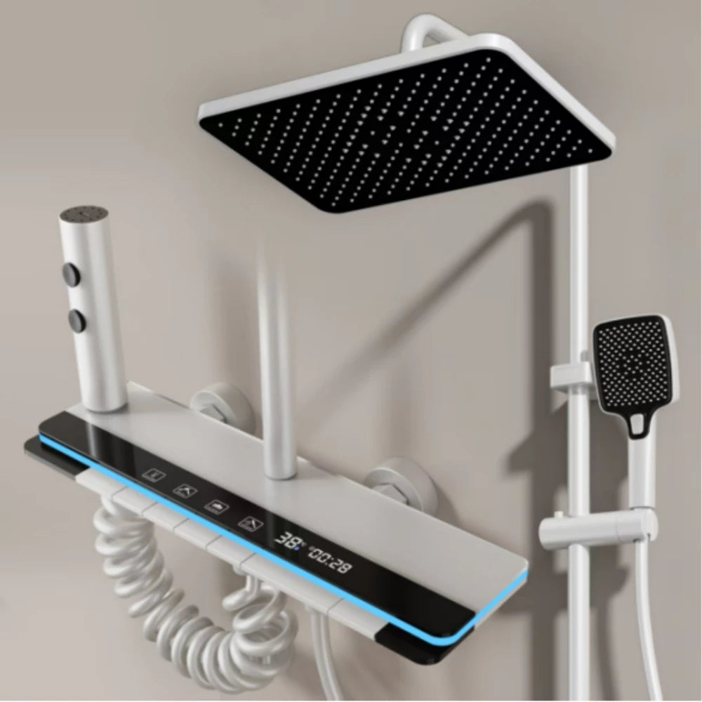 Wall-mounted MC THE BLACK DIAMOND rainfall shower system with large overhead shower head and sleek modern design.