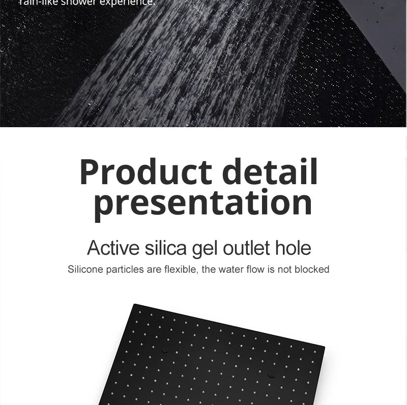 MC THE BLACK DIAMOND LED shower head set with side massage jets and constant temperature valve mixer in a modern shower system.