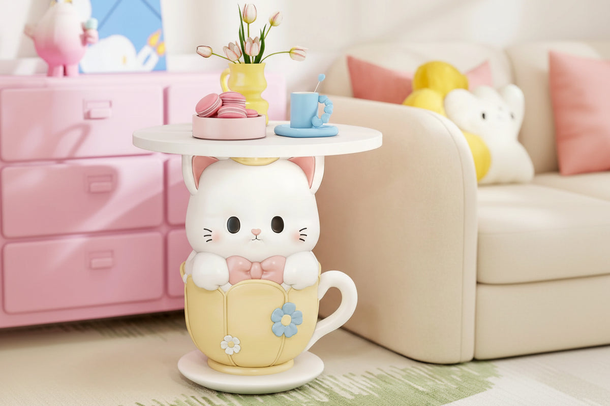 Creative cartoon-style coffee table by MC THE BLACK DIAMOND, featuring colorful, playful design as an end table in a living room setting.