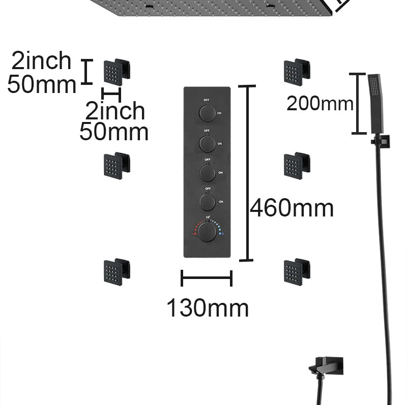 MC THE BLACK DIAMOND LED shower head set with constant temperature valve and side massage jets, modern shower system.