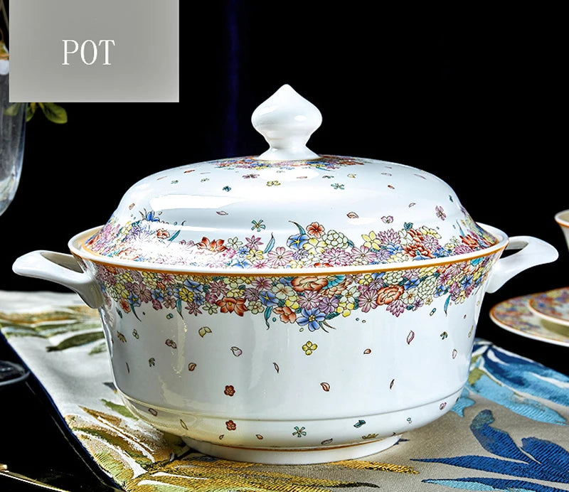 Family size MC THE BLACK DIAMOND star design dinnerware set with plates, bowls, and mugs on a table.