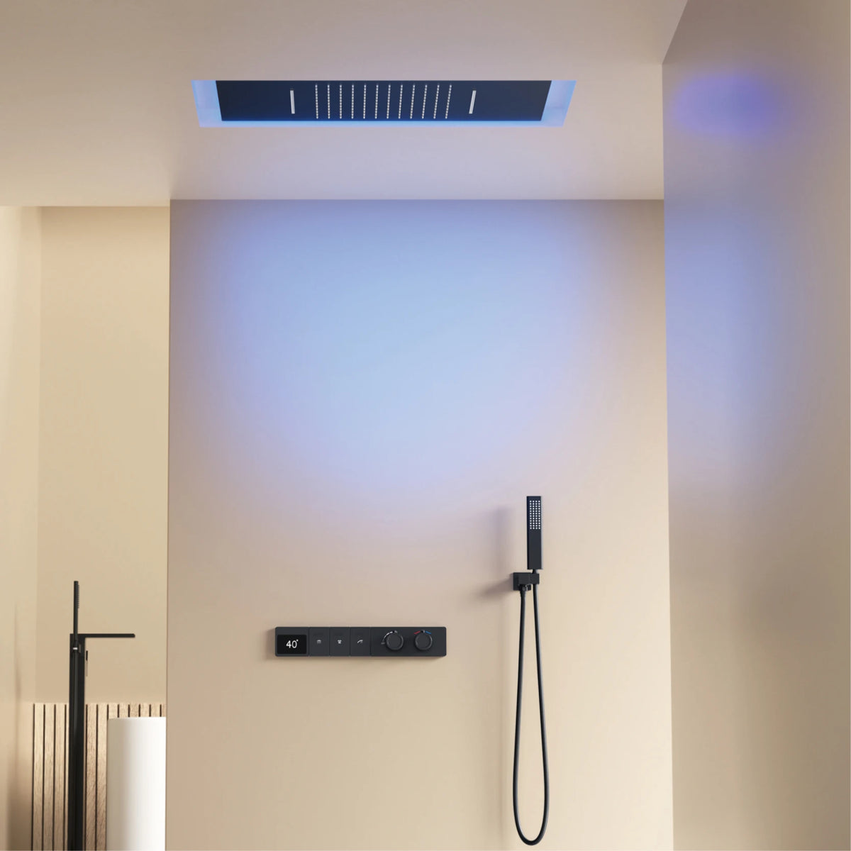 Wall-mounted MC THE BLACK DIAMOND shower system with hidden design, dual control hot and cold water faucet.
