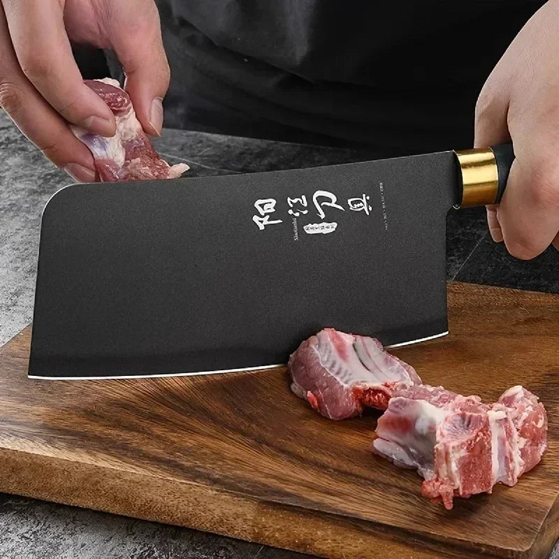 Portable MC THE BLACK DIAMOND kitchen meat cutting knife set with wear-resistant stainless steel blades.