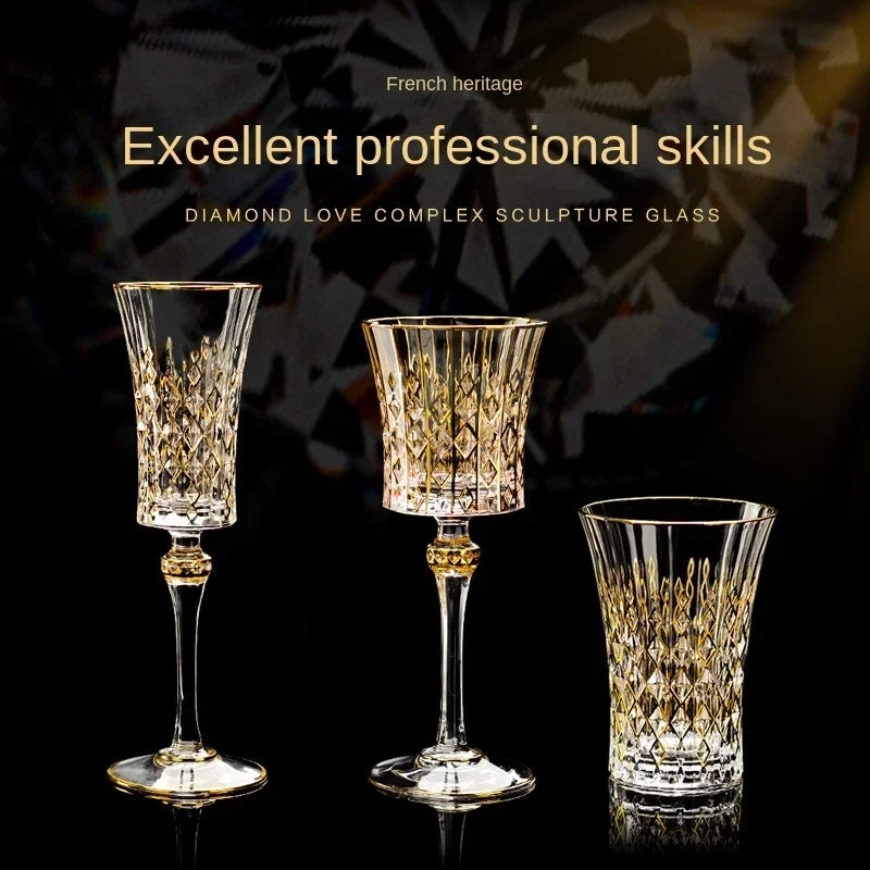Elegant glass gold crystal red cup from MC THE BLACK DIAMOND drinkware set, showcasing a luxurious design and vibrant color.