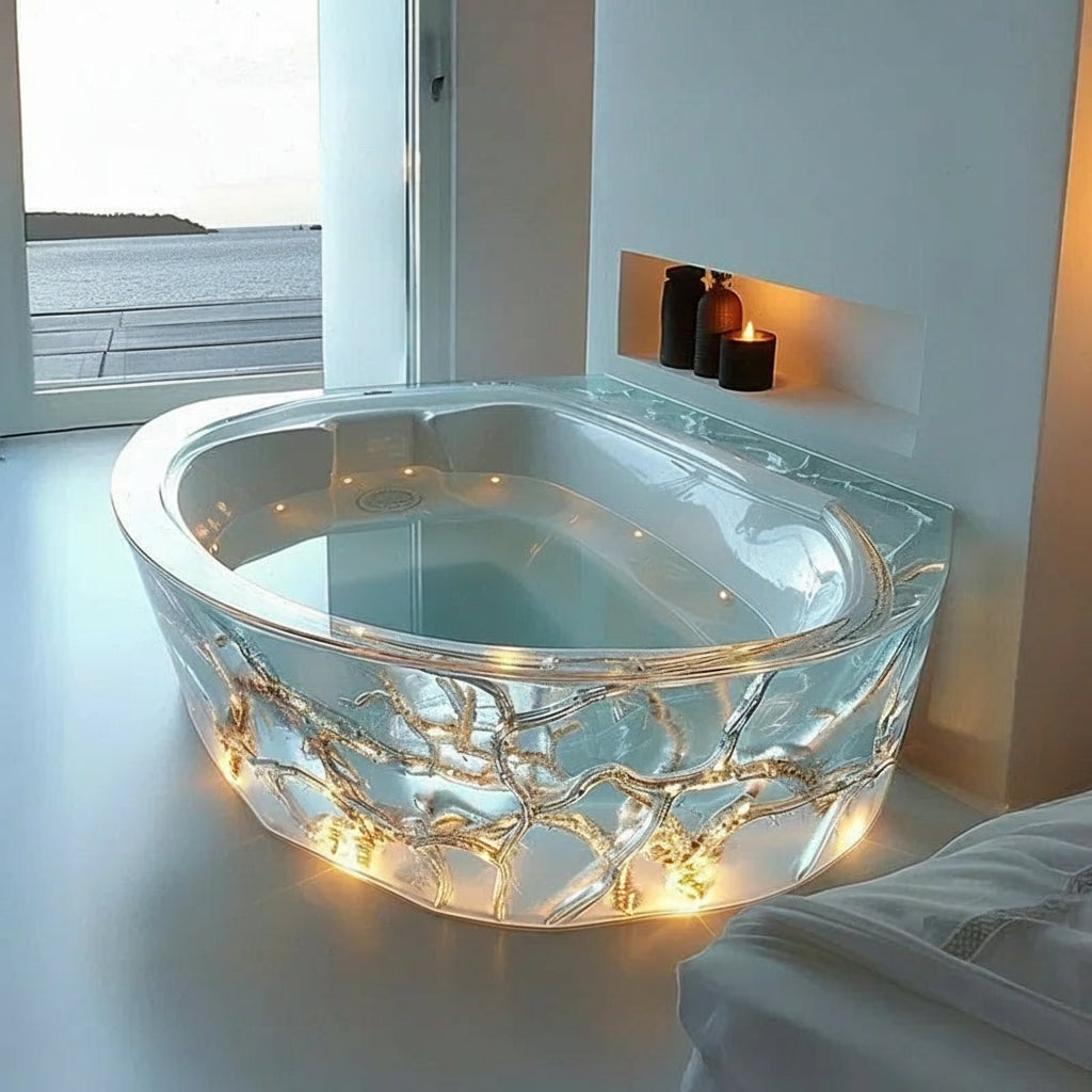 Transparent resin freestanding bathtub by MC THE BLACK DIAMOND with a modern crystal design for couples.