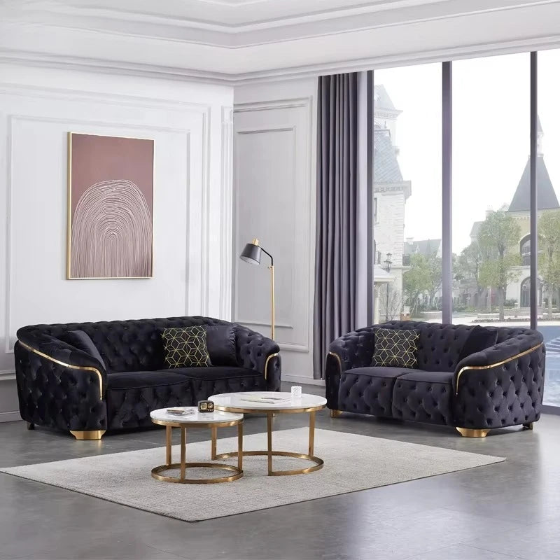 Modern luxury velvet Chesterfield lounge sofa set with gold base and wooden legs, perfect for villa living room decor.
