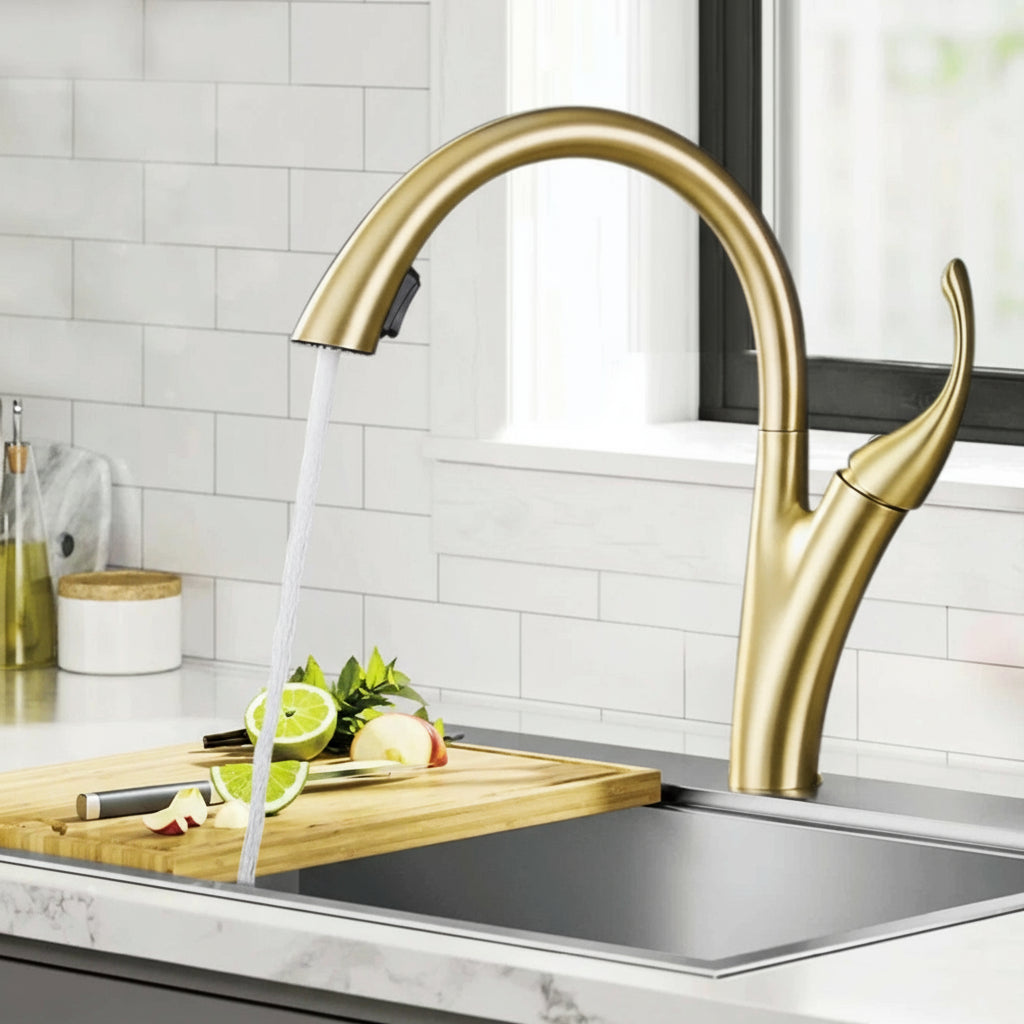 MC THE BLACK DIAMOND dual-spray pull-out kitchen faucet with chrome finish, showing the spout and spray head in a modern kitchen setting.