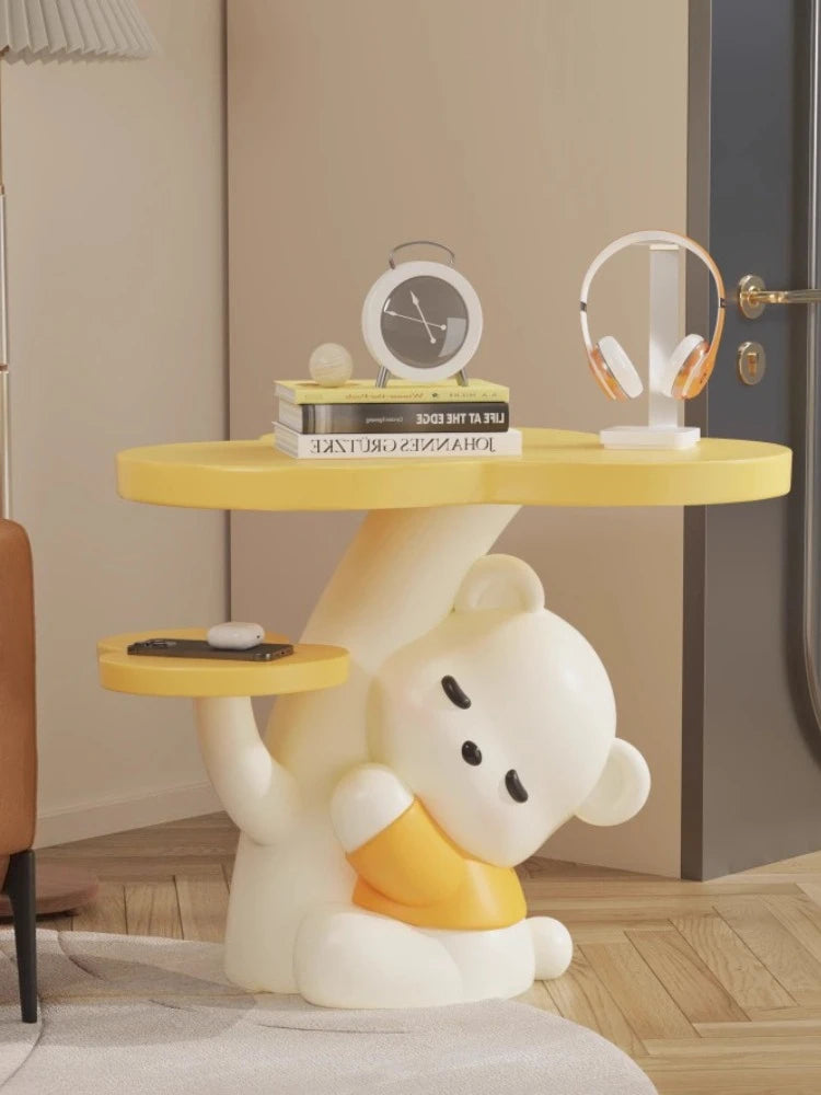 Cartoon bear statue end table by MC THE BLACK DIAMOND, featuring a playful bear design for living room coffee table decor.